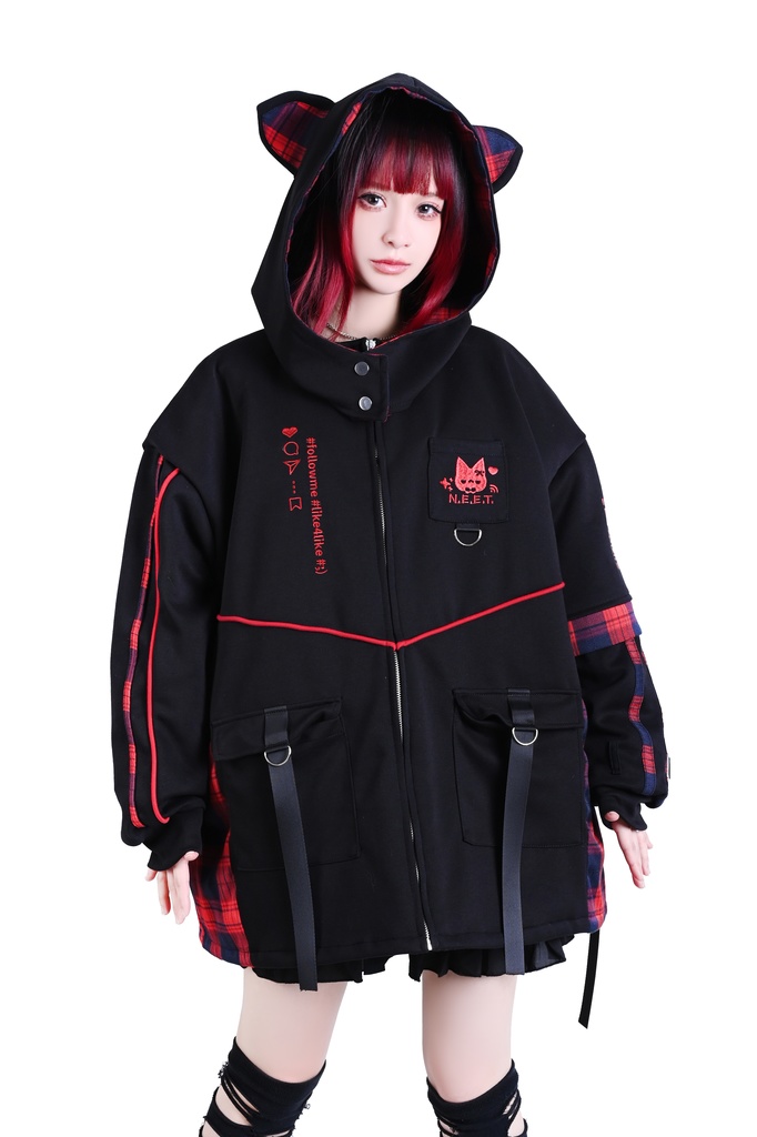 Jillpunk可愛い お宅界隈 ニ次コン 社交ねこ NEET 自宅警備員 ブリティッシュ タータンチェック柄 立ち襟 キルティング/薄手 猫耳 ゆったり長袖 パーカー フード付きジャケット オリジナル メンズ レディーズ おしゃれ 男女兼用 ファッション 秋葉系