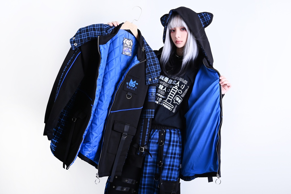 Jillpunk可愛い お宅界隈 ニ次コン 社交ねこ NEET 自宅警備員 ブリティッシュ タータンチェック柄 立ち襟 キルティング/薄手 猫耳 ゆったり長袖 パーカー フード付きジャケット オリジナル メンズ レディーズ おしゃれ 男女兼用 ファッション 秋葉系