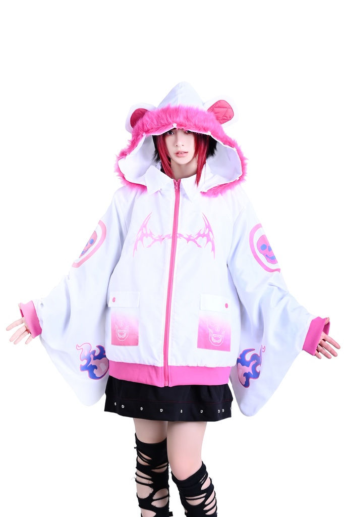 Jillpunk 台湾刺青師美味製造コラボ 和洋折衷 ナーガ召喚 サイバーパンク ネオン世界観 病みかわ 中毒性 キルティング フェイクファー付きクマ耳パーカー 着物袖 ウィンドブレーカージャケット オリジナル アニメ おしゃれ男女兼用