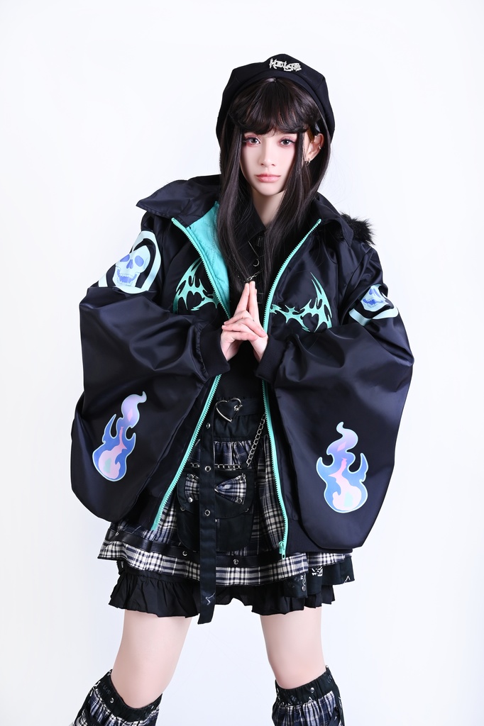 Jillpunk 台湾刺青師美味製造コラボ 和洋折衷 ナーガ召喚 サイバーパンク ネオン世界観 病みかわ 中毒性 キルティング フェイクファー付きクマ耳パーカー 着物袖 ウィンドブレーカージャケット オリジナル アニメ おしゃれ男女兼用