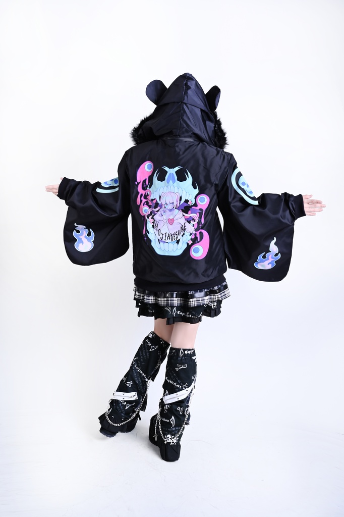 Jillpunk 台湾刺青師美味製造コラボ 和洋折衷 ナーガ召喚 サイバーパンク ネオン世界観 病みかわ 中毒性 キルティング フェイクファー付きクマ耳パーカー 着物袖 ウィンドブレーカージャケット オリジナル アニメ おしゃれ男女兼用