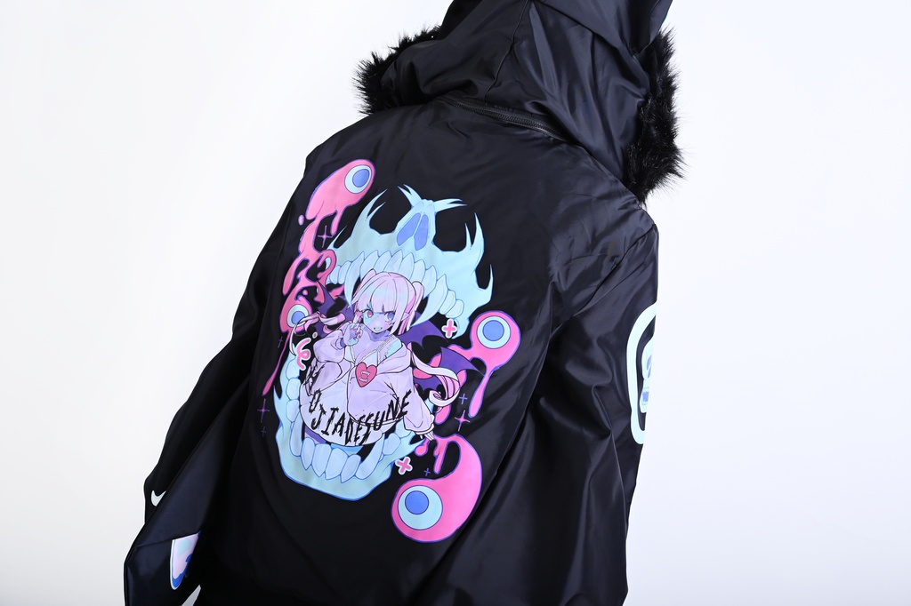 Jillpunk 台湾刺青師美味製造コラボ 和洋折衷 ナーガ召喚 サイバーパンク ネオン世界観 病みかわ 中毒性 キルティング フェイクファー付きクマ耳パーカー 着物袖 ウィンドブレーカージャケット オリジナル アニメ おしゃれ男女兼用