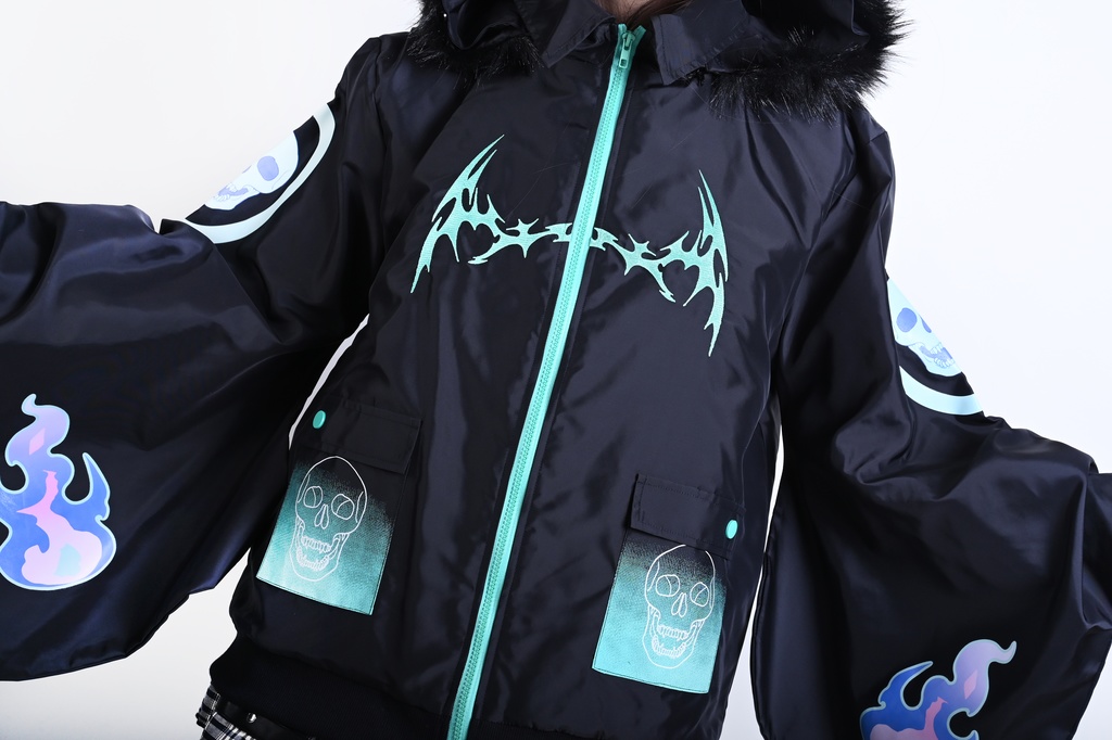 Jillpunk 台湾刺青師美味製造コラボ 和洋折衷 ナーガ召喚 サイバーパンク ネオン世界観 病みかわ 中毒性 キルティング フェイクファー付きクマ耳パーカー 着物袖 ウィンドブレーカージャケット オリジナル アニメ おしゃれ男女兼用