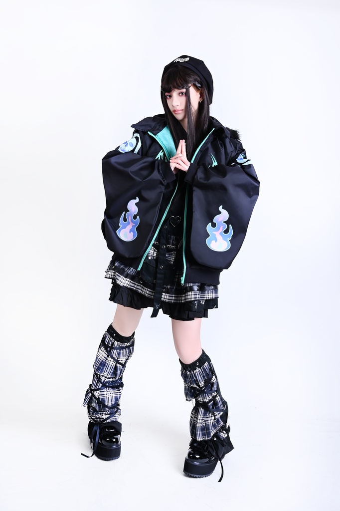 Jillpunk 台湾刺青師美味製造コラボ 和洋折衷 ナーガ召喚 サイバーパンク ネオン世界観 病みかわ 中毒性 キルティング フェイクファー付きクマ耳パーカー 着物袖 ウィンドブレーカージャケット オリジナル アニメ おしゃれ男女兼用