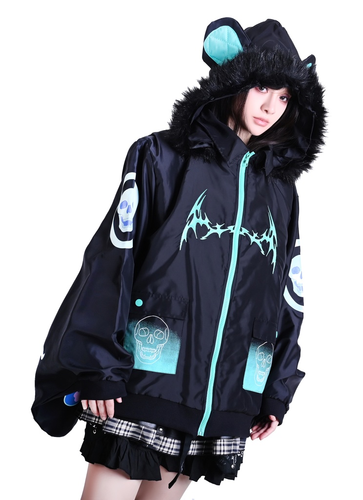 Jillpunk 台湾刺青師美味製造コラボ 和洋折衷 ナーガ召喚 サイバーパンク ネオン世界観 病みかわ 中毒性 キルティング フェイクファー付きクマ耳パーカー 着物袖 ウィンドブレーカージャケット オリジナル アニメ おしゃれ男女兼用