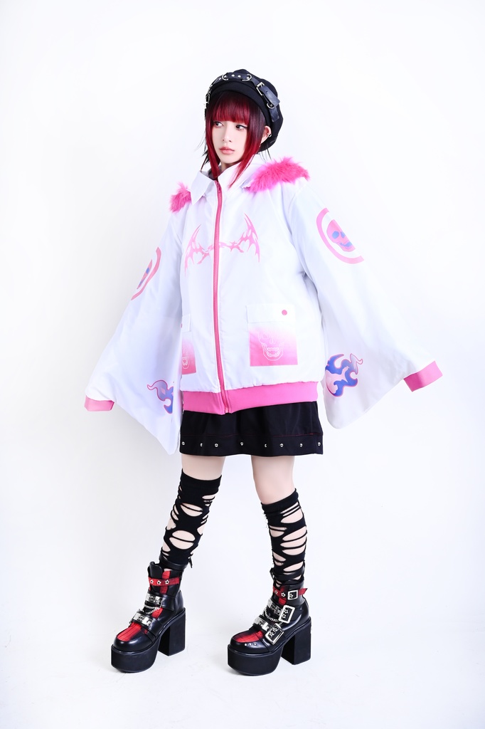 Jillpunk 台湾刺青師美味製造コラボ 和洋折衷 ナーガ召喚 サイバーパンク ネオン世界観 病みかわ 中毒性 キルティング フェイクファー付きクマ耳パーカー 着物袖 ウィンドブレーカージャケット オリジナル アニメ おしゃれ男女兼用