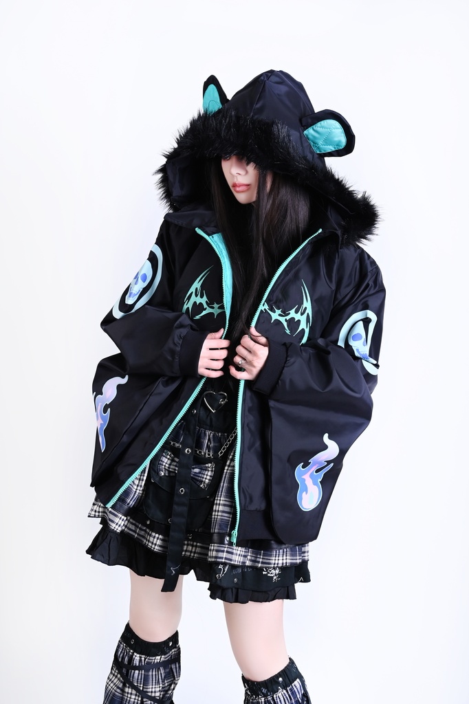 Jillpunk 台湾刺青師美味製造コラボ 和洋折衷 ナーガ召喚 サイバーパンク ネオン世界観 病みかわ 中毒性 キルティング フェイクファー付きクマ耳パーカー 着物袖 ウィンドブレーカージャケット オリジナル アニメ おしゃれ男女兼用