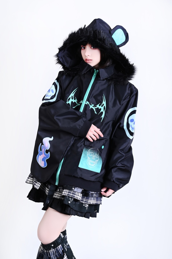 Jillpunk 台湾刺青師美味製造コラボ 和洋折衷 ナーガ召喚 サイバーパンク ネオン世界観 病みかわ 中毒性 キルティング フェイクファー付きクマ耳パーカー 着物袖 ウィンドブレーカージャケット オリジナル アニメ おしゃれ男女兼用