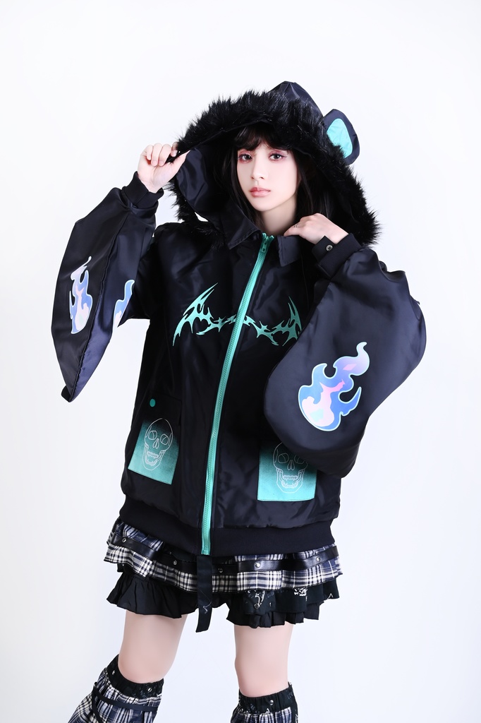 Jillpunk 台湾刺青師美味製造コラボ 和洋折衷 ナーガ召喚 サイバーパンク ネオン世界観 病みかわ 中毒性 キルティング フェイクファー付きクマ耳パーカー 着物袖 ウィンドブレーカージャケット オリジナル アニメ おしゃれ男女兼用