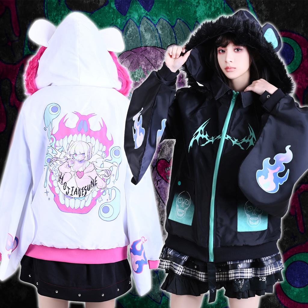 Jillpunk 台湾刺青師美味製造コラボ 和洋折衷 ナーガ召喚 サイバーパンク ネオン世界観 病みかわ 中毒性 キルティング フェイクファー付きクマ耳パーカー 着物袖 ウィンドブレーカージャケット オリジナル アニメ おしゃれ男女兼用
