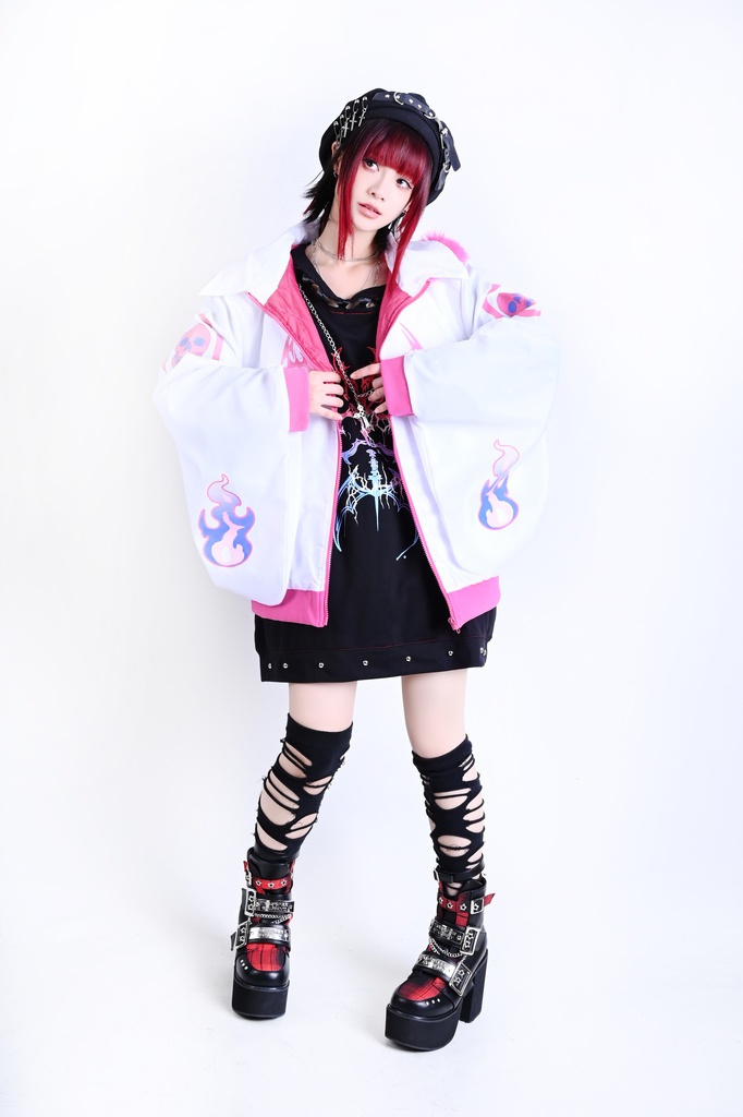 Jillpunk 台湾刺青師美味製造コラボ 和洋折衷 ナーガ召喚 サイバーパンク ネオン世界観 病みかわ 中毒性 キルティング フェイクファー付きクマ耳パーカー 着物袖 ウィンドブレーカージャケット オリジナル アニメ おしゃれ男女兼用