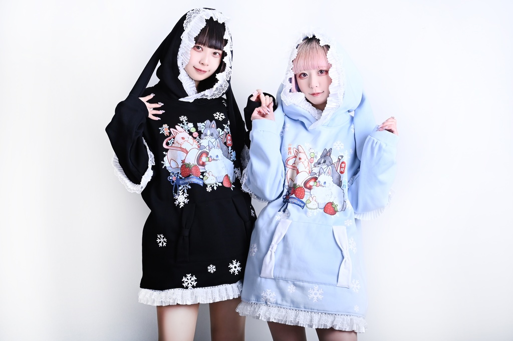 Jillpunk 芝麻コラボ 和風 動物 雪花冬兎 和風月物語 雪片柄 ゆったりパーかー フリルレース 兎耳 大ポケット フード付き長袖Tシャツ オリジナル 夢可愛い おしゃれ 男女兼用 ファッション 可愛い