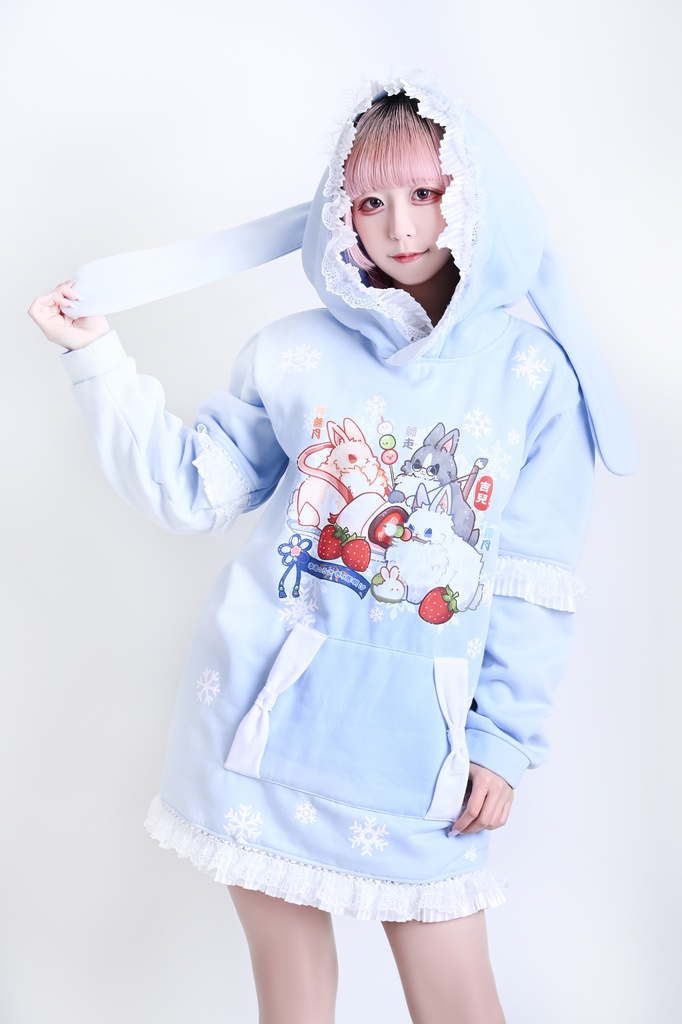 Jillpunk 芝麻コラボ 和風 動物 雪花冬兎 和風月物語 雪片柄 ゆったりパーかー フリルレース 兎耳 大ポケット フード付き長袖Tシャツ オリジナル 夢可愛い おしゃれ 男女兼用 ファッション 可愛い