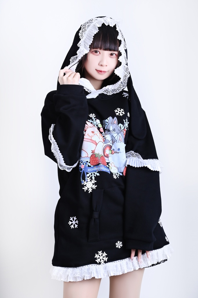 Jillpunk 芝麻コラボ 和風 動物 雪花冬兎 和風月物語 雪片柄 ゆったりパーかー フリルレース 兎耳 大ポケット フード付き長袖Tシャツ オリジナル 夢可愛い おしゃれ 男女兼用 ファッション 可愛い