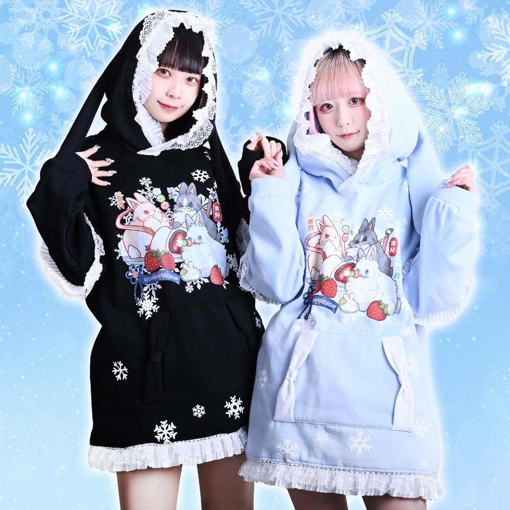 Jillpunk 芝麻コラボ 和風 動物 雪花冬兎 和風月物語 雪片柄 ゆったりパーかー フリルレース 兎耳 大ポケット フード付き長袖Tシャツ オリジナル 夢可愛い おしゃれ 男女兼用 ファッション 可愛い