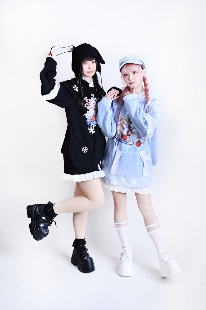 Jillpunk 芝麻コラボ 和風 動物 雪花冬兎 和風月物語 雪片柄 ゆったりパーかー フリルレース 兎耳 大ポケット フード付き長袖Tシャツ オリジナル 夢可愛い おしゃれ 男女兼用 ファッション 可愛い