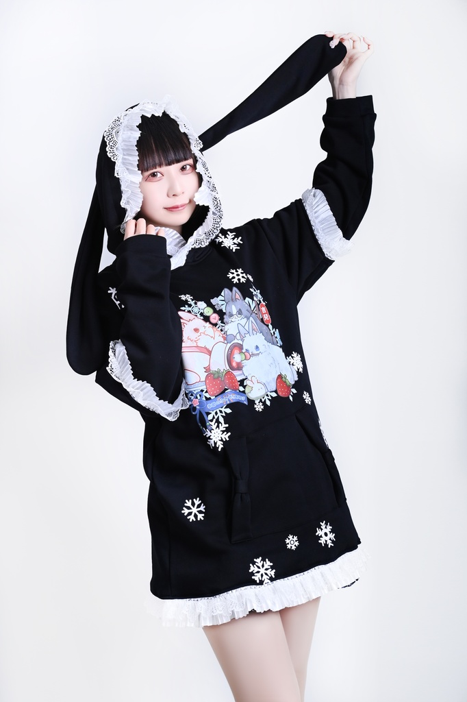 Jillpunk 芝麻コラボ 和風 動物 雪花冬兎 和風月物語 雪片柄 ゆったりパーかー フリルレース 兎耳 大ポケット フード付き長袖Tシャツ オリジナル 夢可愛い おしゃれ 男女兼用 ファッション 可愛い