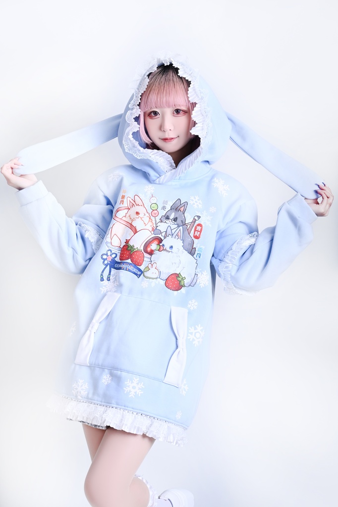 Jillpunk 芝麻コラボ 和風 動物 雪花冬兎 和風月物語 雪片柄 ゆったりパーかー フリルレース 兎耳 大ポケット フード付き長袖Tシャツ オリジナル 夢可愛い おしゃれ 男女兼用 ファッション 可愛い