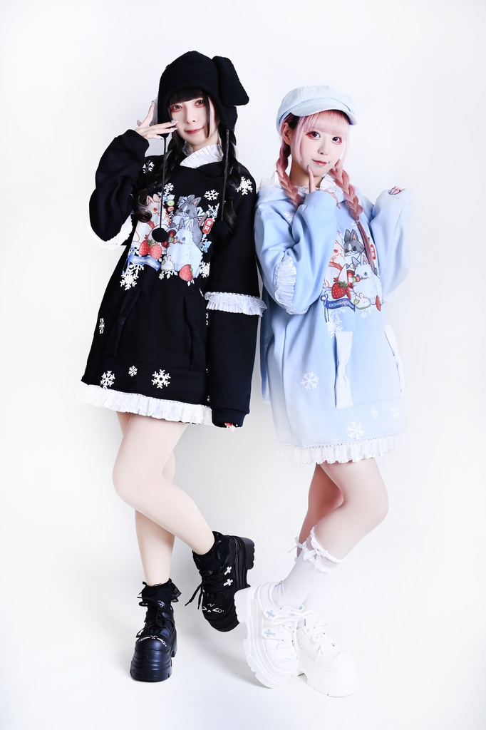 Jillpunk 芝麻コラボ 和風 動物 雪花冬兎 和風月物語 雪片柄 ゆったりパーかー フリルレース 兎耳 大ポケット フード付き長袖Tシャツ オリジナル 夢可愛い おしゃれ 男女兼用 ファッション 可愛い