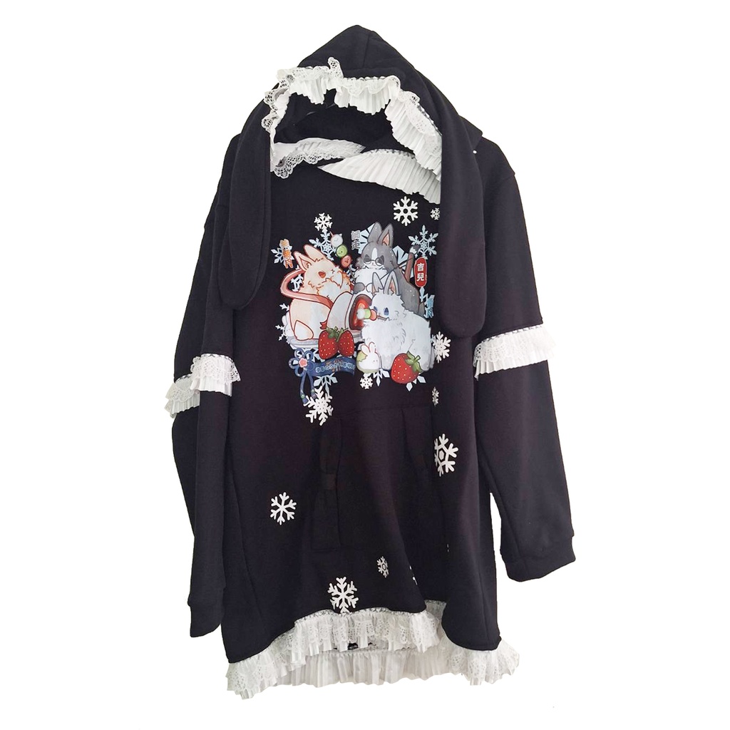 Jillpunk 芝麻コラボ 和風 動物 雪花冬兎 和風月物語 雪片柄 ゆったりパーかー フリルレース 兎耳 大ポケット フード付き長袖Tシャツ オリジナル 夢可愛い おしゃれ 男女兼用 ファッション 可愛い