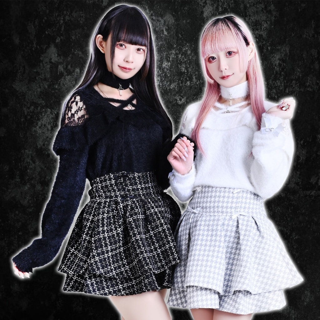 Jillpunkゴシックコーデ 地雷系 セクシー 地雷恋人 地下アイドル風 クロスチョーカー レース加工 肩出しニットトップス ふわふわ 仮ミンク素材セーター レディーズ オリジナル おしゃれ ファッション