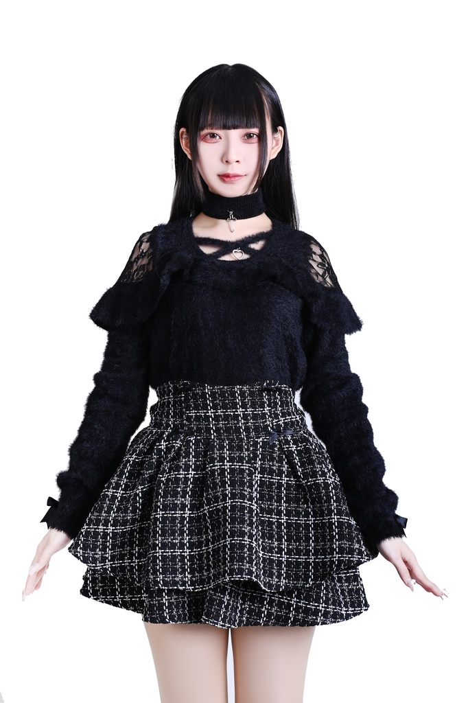 Jillpunkゴシックコーデ 地雷系 セクシー 地雷恋人 地下アイドル風 クロスチョーカー レース加工 肩出しニットトップス ふわふわ 仮ミンク素材セーター レディーズ オリジナル おしゃれ ファッション