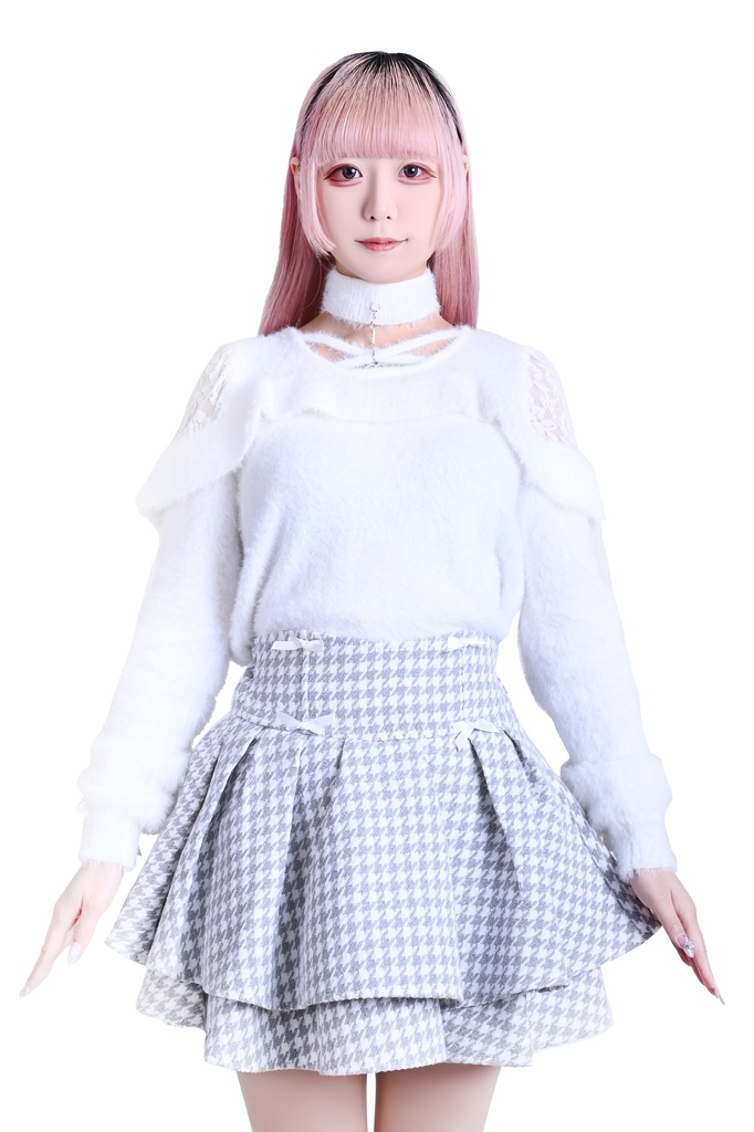 Jillpunkゴシックコーデ 地雷系 セクシー 地雷恋人 地下アイドル風 クロスチョーカー レース加工 肩出しニットトップス ふわふわ 仮ミンク素材セーター レディーズ オリジナル おしゃれ ファッション