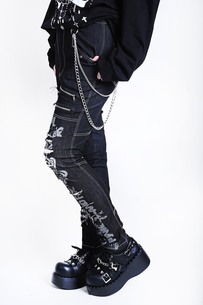 Jillpunkパンクロック パンクの誓い セクシー タータンチェック柄 デニム 細身美脚 ローウエスト ダメージ加工ジーンズ ロングパンツズボン スキニー ビンテージ破れ オリジナル V系 おしゃれ 男女兼用 兄系