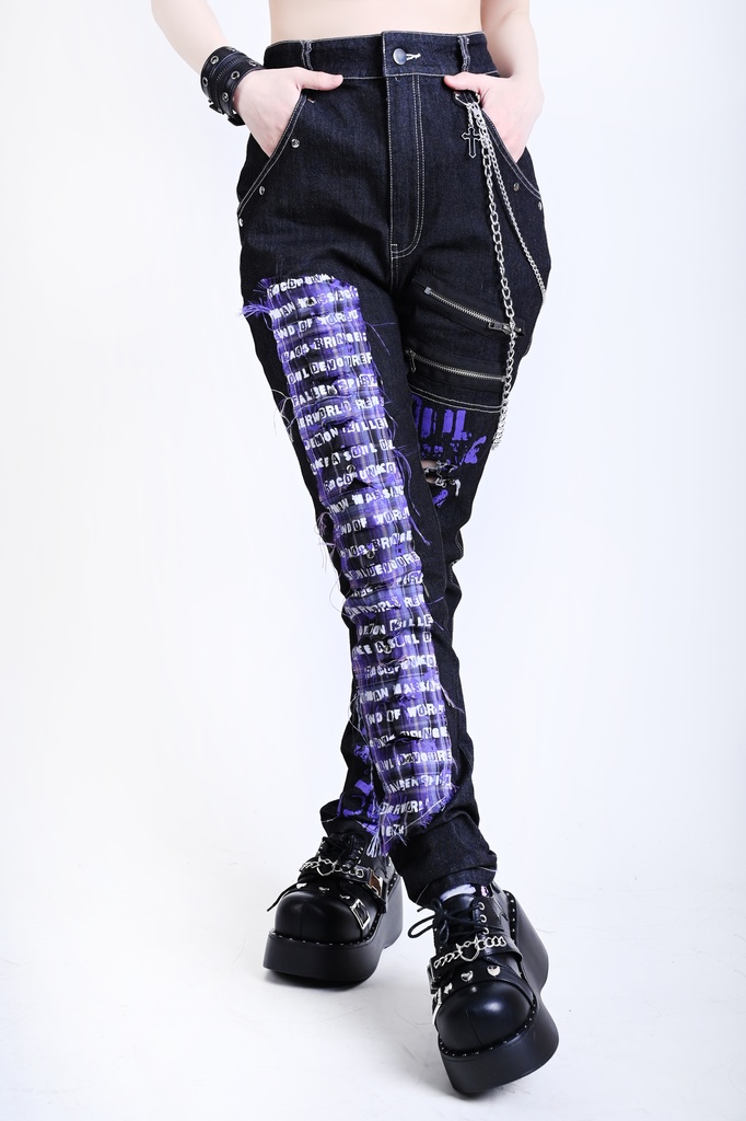 Jillpunkパンクロック パンクの誓い セクシー タータンチェック柄 デニム 細身美脚 ローウエスト ダメージ加工ジーンズ ロングパンツズボン スキニー ビンテージ破れ オリジナル V系 おしゃれ 男女兼用 兄系