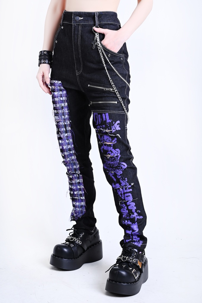 Jillpunkパンクロック パンクの誓い セクシー タータンチェック柄 デニム 細身美脚 ローウエスト ダメージ加工ジーンズ ロングパンツズボン スキニー ビンテージ破れ オリジナル V系 おしゃれ 男女兼用 兄系