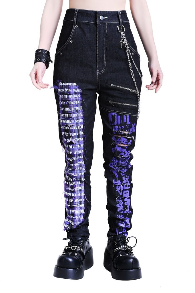 Jillpunkパンクロック パンクの誓い セクシー タータンチェック柄 デニム 細身美脚 ローウエスト ダメージ加工ジーンズ ロングパンツズボン スキニー ビンテージ破れ オリジナル V系 おしゃれ 男女兼用 兄系