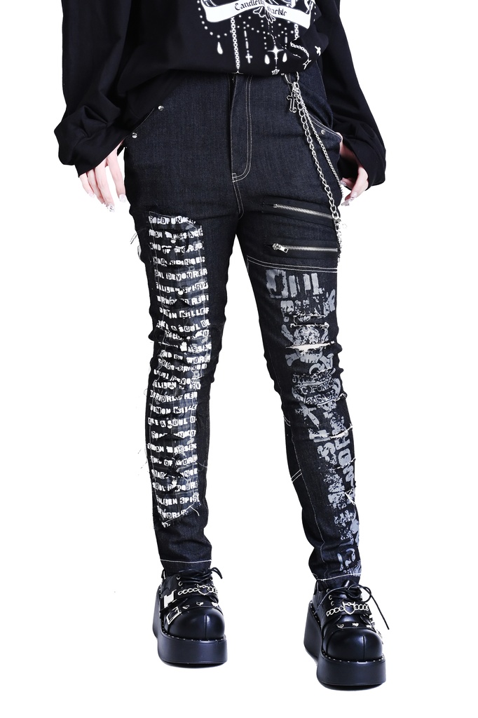 Jillpunkパンクロック パンクの誓い セクシー タータンチェック柄 デニム 細身美脚 ローウエスト ダメージ加工ジーンズ ロングパンツズボン スキニー ビンテージ破れ オリジナル V系 おしゃれ 男女兼用 兄系