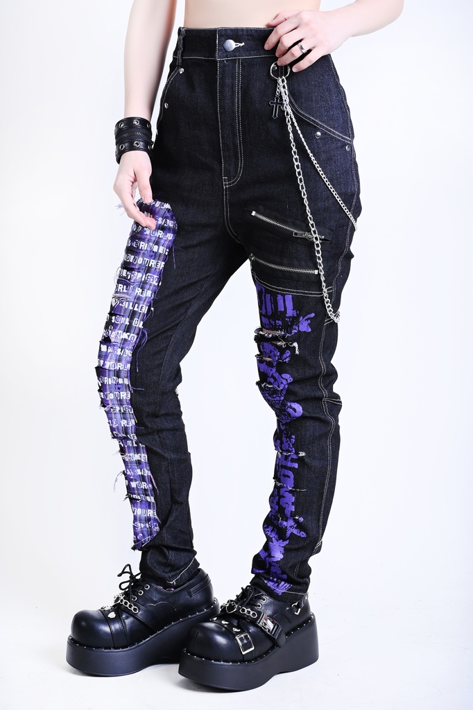 Jillpunkパンクロック パンクの誓い セクシー タータンチェック柄 デニム 細身美脚 ローウエスト ダメージ加工ジーンズ ロングパンツズボン スキニー ビンテージ破れ オリジナル V系 おしゃれ 男女兼用 兄系