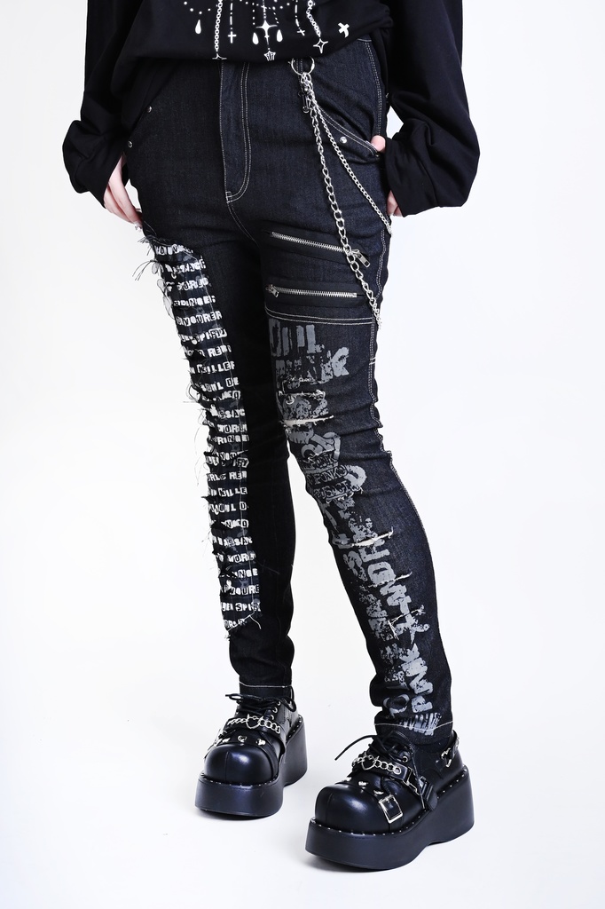 Jillpunkパンクロック パンクの誓い セクシー タータンチェック柄 デニム 細身美脚 ローウエスト ダメージ加工ジーンズ ロングパンツズボン スキニー ビンテージ破れ オリジナル V系 おしゃれ 男女兼用 兄系