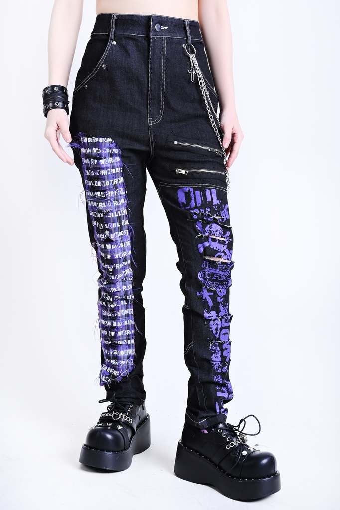 Jillpunkパンクロック パンクの誓い セクシー タータンチェック柄 デニム 細身美脚 ローウエスト ダメージ加工ジーンズ ロングパンツズボン スキニー ビンテージ破れ オリジナル V系 おしゃれ 男女兼用 兄系