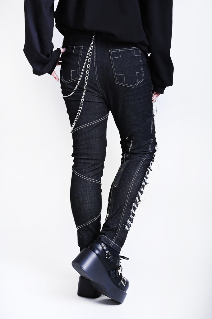 Jillpunkパンクロック パンクの誓い セクシー タータンチェック柄 デニム 細身美脚 ローウエスト ダメージ加工ジーンズ ロングパンツズボン スキニー ビンテージ破れ オリジナル V系 おしゃれ 男女兼用 兄系