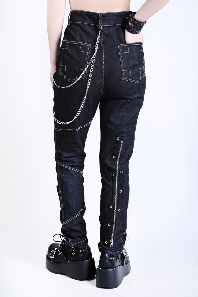 Jillpunkパンクロック パンクの誓い セクシー タータンチェック柄 デニム 細身美脚 ローウエスト ダメージ加工ジーンズ ロングパンツズボン スキニー ビンテージ破れ オリジナル V系 おしゃれ 男女兼用 兄系