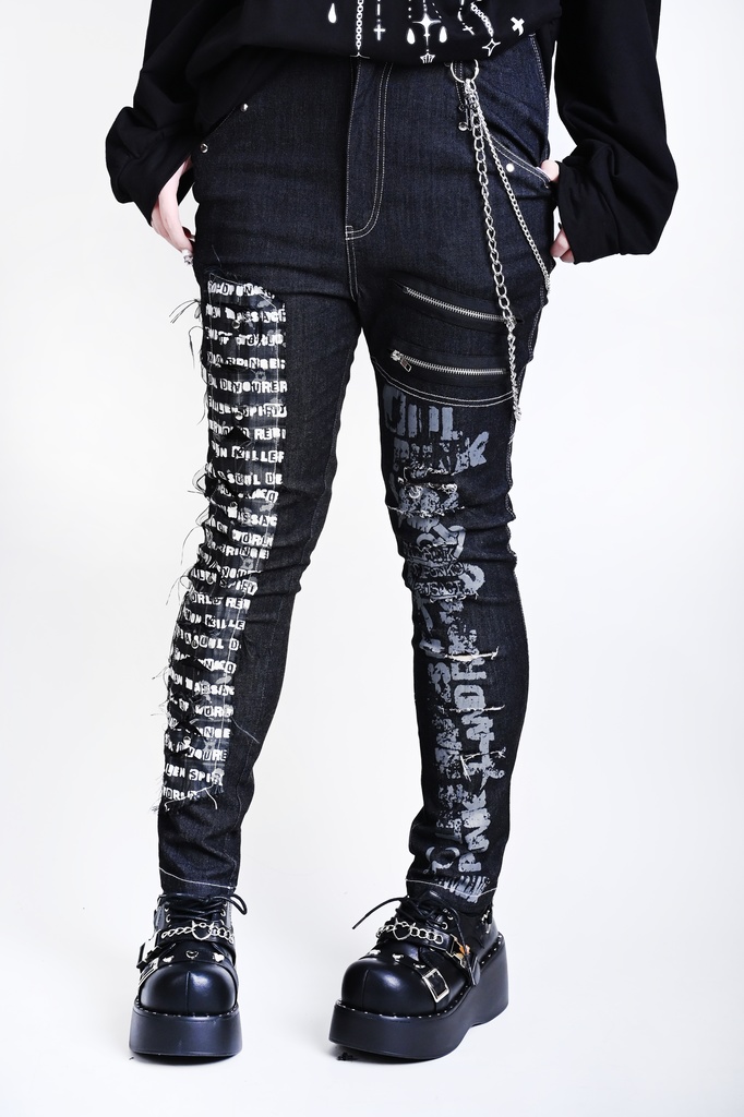 Jillpunkパンクロック パンクの誓い セクシー タータンチェック柄 デニム 細身美脚 ローウエスト ダメージ加工ジーンズ ロングパンツズボン スキニー ビンテージ破れ オリジナル V系 おしゃれ 男女兼用 兄系