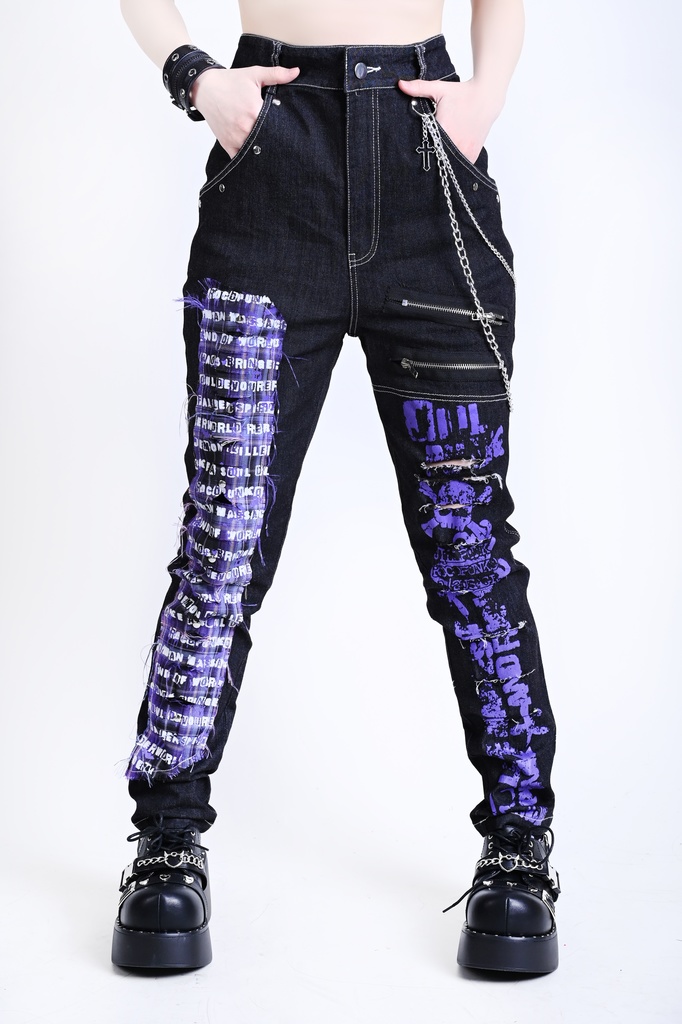 Jillpunkパンクロック パンクの誓い セクシー タータンチェック柄 デニム 細身美脚 ローウエスト ダメージ加工ジーンズ ロングパンツズボン スキニー ビンテージ破れ オリジナル V系 おしゃれ 男女兼用 兄系