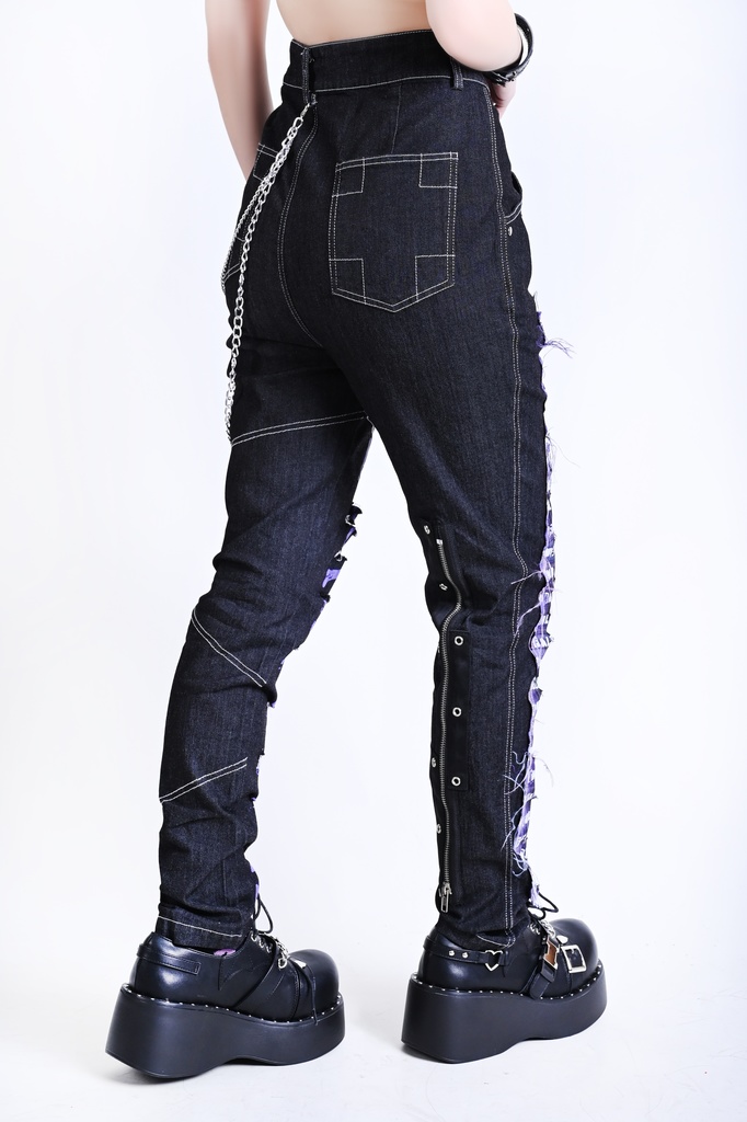 Jillpunkパンクロック パンクの誓い セクシー タータンチェック柄 デニム 細身美脚 ローウエスト ダメージ加工ジーンズ ロングパンツズボン スキニー ビンテージ破れ オリジナル V系 おしゃれ 男女兼用 兄系