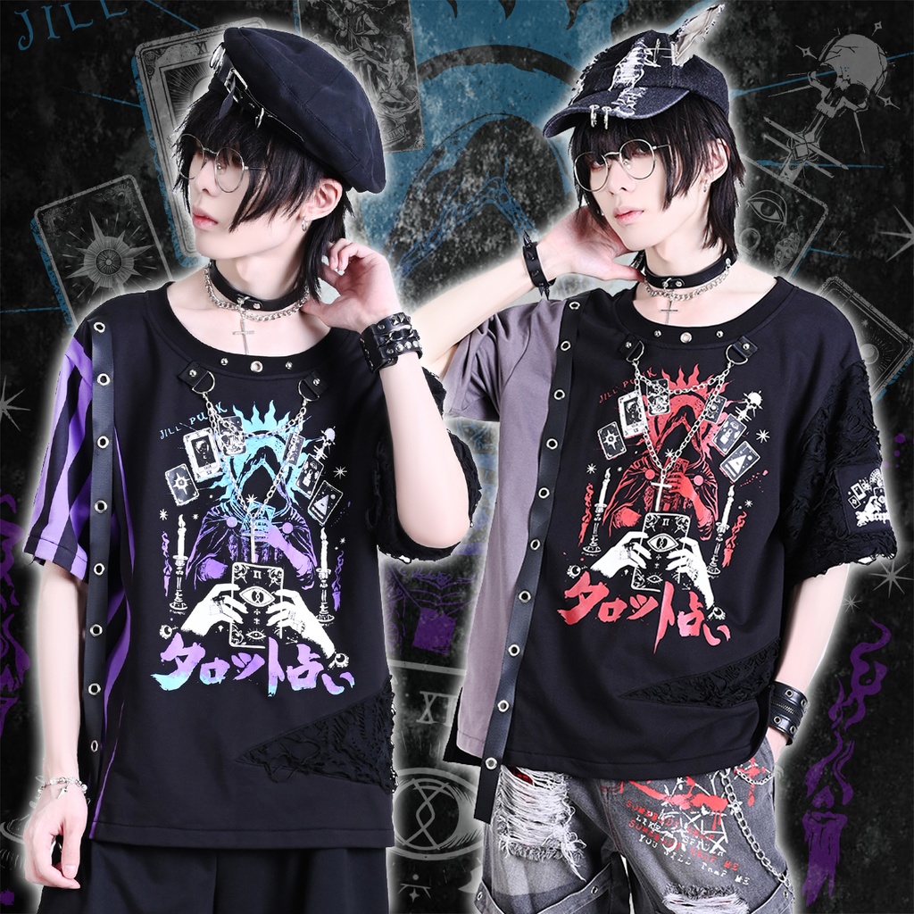 Jillpunk 王道パンク V系 ロック ヘヴィメタル バンギャ 禁忌啓示録 タロットプリント 十字架ネックレス 半袖カットソーTシャツ メンズ レディーズ おしゃれ男女兼用カッコいい ファッション クール
