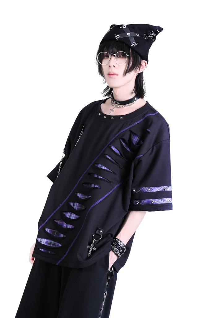 Jillpunk 王道パンク ロック ヘヴィメタル バンギャ 混乱シーケンス クロスチャーム チェーン付き チェック柄フェイクレイヤード 半袖カットソーTシャツ メンズ レディーズ おしゃれ男女兼用カッコいい ファッション