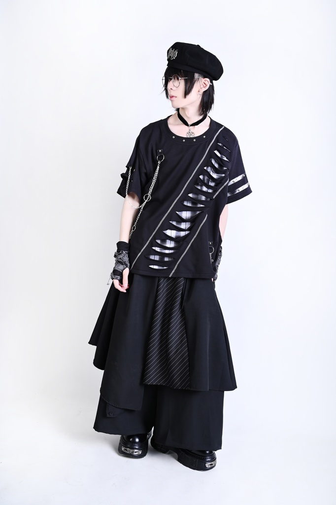 Jillpunk 王道パンク ロック ヘヴィメタル バンギャ 混乱シーケンス クロスチャーム チェーン付き チェック柄フェイクレイヤード 半袖カットソーTシャツ メンズ レディーズ おしゃれ男女兼用カッコいい ファッション