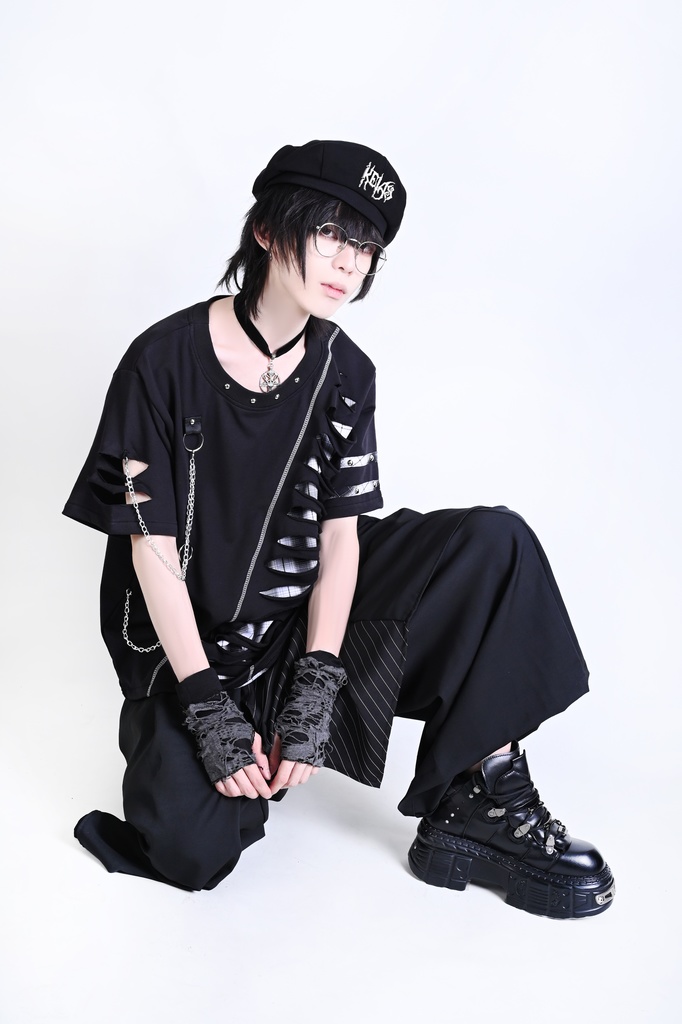 Jillpunk 王道パンク ロック ヘヴィメタル バンギャ 混乱シーケンス クロスチャーム チェーン付き チェック柄フェイクレイヤード 半袖カットソーTシャツ メンズ レディーズ おしゃれ男女兼用カッコいい ファッション