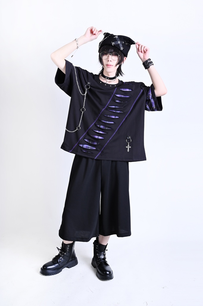 Jillpunk 王道パンク ロック ヘヴィメタル バンギャ 混乱シーケンス クロスチャーム チェーン付き チェック柄フェイクレイヤード 半袖カットソーTシャツ メンズ レディーズ おしゃれ男女兼用カッコいい ファッション