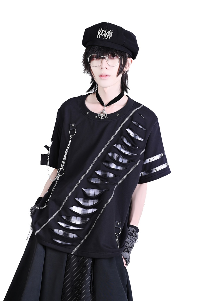 Jillpunk 王道パンク ロック ヘヴィメタル バンギャ 混乱シーケンス クロスチャーム チェーン付き チェック柄フェイクレイヤード 半袖カットソーTシャツ メンズ レディーズ おしゃれ男女兼用カッコいい ファッション