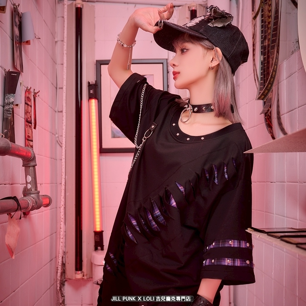 Jillpunk 王道パンク ロック ヘヴィメタル バンギャ 混乱シーケンス クロスチャーム チェーン付き チェック柄フェイクレイヤード 半袖カットソーTシャツ メンズ レディーズ おしゃれ男女兼用カッコいい ファッション