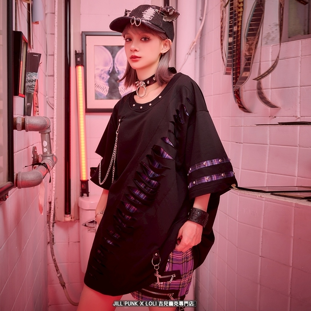 Jillpunk 王道パンク ロック ヘヴィメタル バンギャ 混乱シーケンス クロスチャーム チェーン付き チェック柄フェイクレイヤード 半袖カットソーTシャツ メンズ レディーズ おしゃれ男女兼用カッコいい ファッション