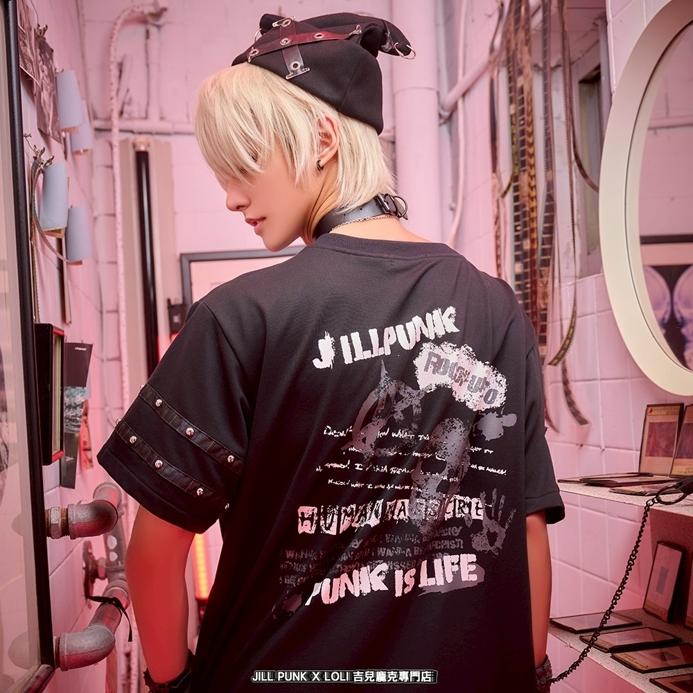 Jillpunk 王道パンク ロック ヘヴィメタル バンギャ 混乱シーケンス クロスチャーム チェーン付き チェック柄フェイクレイヤード 半袖カットソーTシャツ メンズ レディーズ おしゃれ男女兼用カッコいい ファッション
