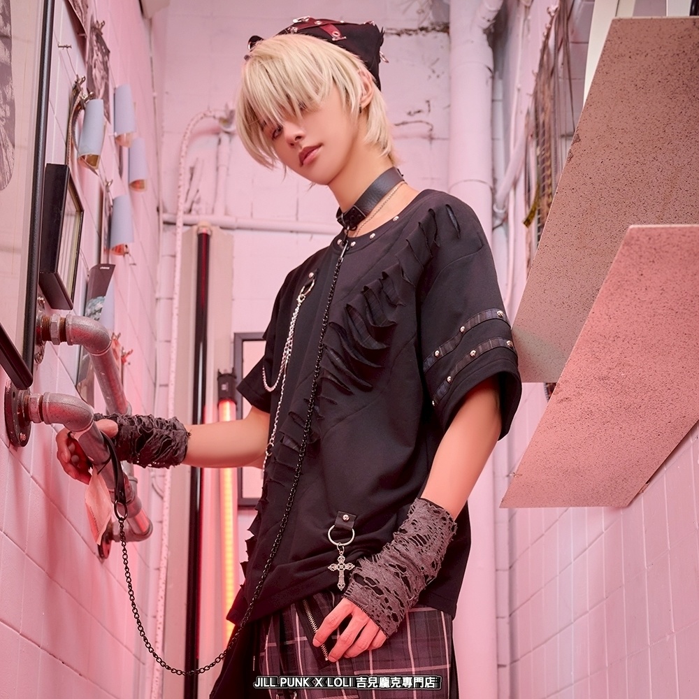 Jillpunk 王道パンク ロック ヘヴィメタル バンギャ 混乱シーケンス クロスチャーム チェーン付き チェック柄フェイクレイヤード 半袖カットソーTシャツ メンズ レディーズ おしゃれ男女兼用カッコいい ファッション